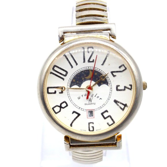 Vintage Wrangler Watch Unisex Silver Tone Big Face Moonphase Date Dial 90's - Picture 1 of 8